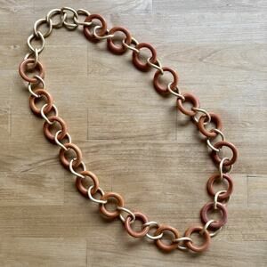 Vintage Boho 32” Wood Ring Chain Link Necklace Chunky Tan Natural Wood Neutral